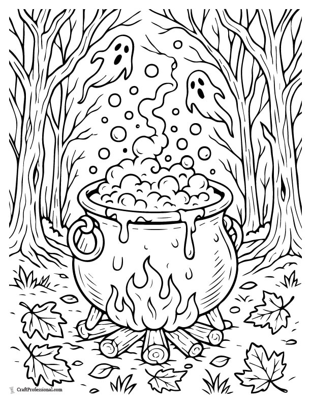Witch's cauldron on a fire in a spooky forest, bubbling with a mysterious potion, coloring page.