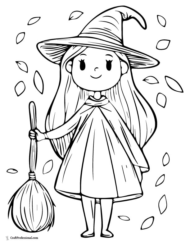 Cute, smiling witch holding her broom, and surrounded by falling leaves coloring page.