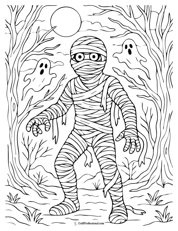 Detailed wrapped mummy standing in a spooky forest, under a full moon coloring sheet.