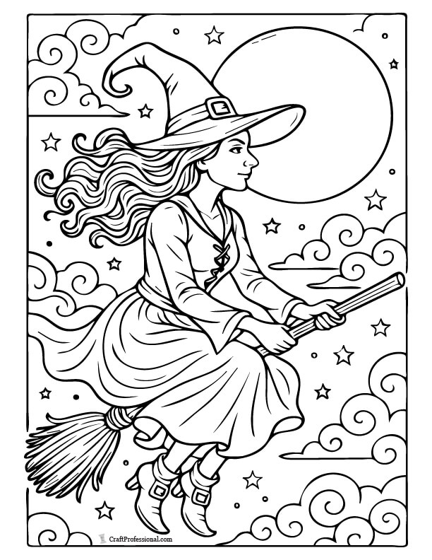 Detailed witch flying on a broomstick across a cloudy sky in front of a full moon coloring page.
