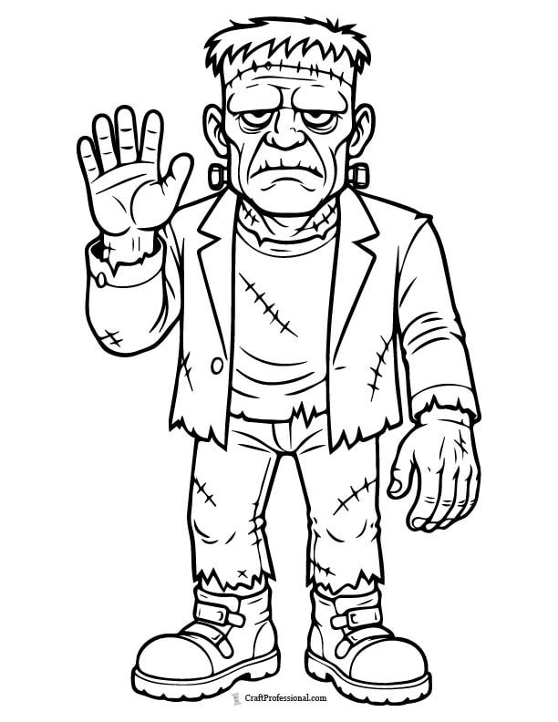 Frankenstein-inspired monster with bolts in his neck, waving hello coloring page.
