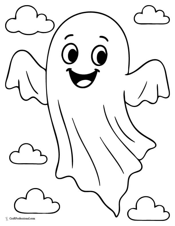Cute ghost floating in midair amid clouds, smiling, coloring sheet.