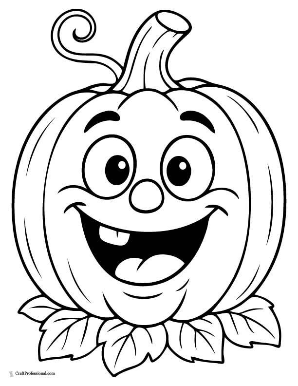 Black and white coloring page of a smiling jack-o’-lantern with a goofy, cheerful expression coloring page.
