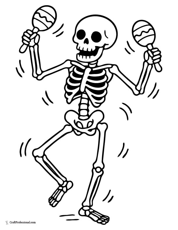 Fun skeleton character dancing while shaking maracas, coloring page.