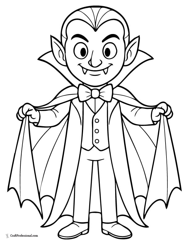 Cartoon vampire character with sharp teeth, and a flowing cape, coloring sheet.