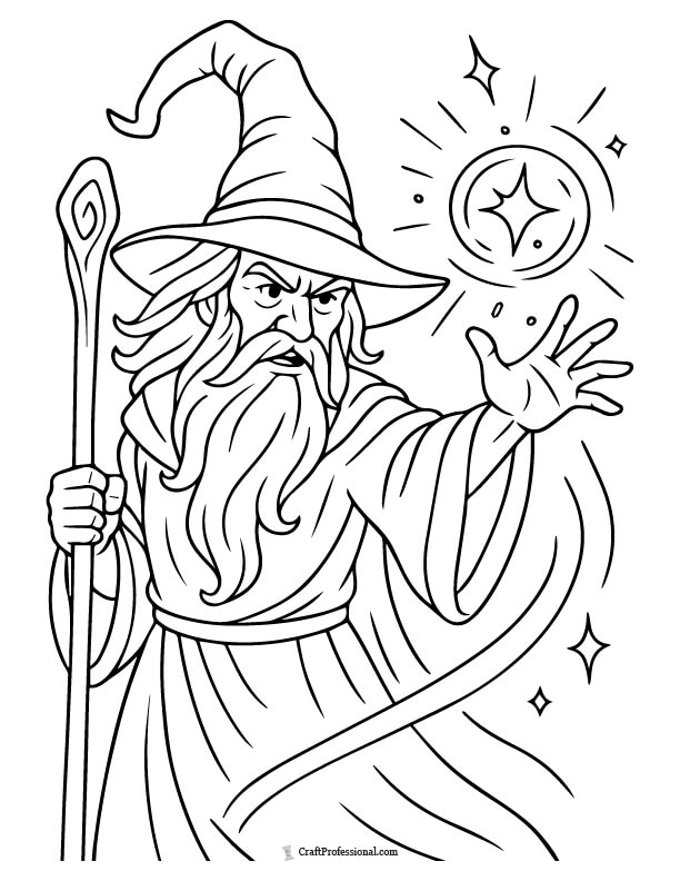Elderly wizard with a long beard and a crooked hat, holding a wand and casting magical sparks coloring page.