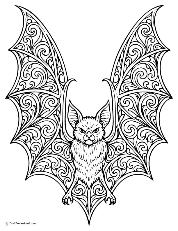 Stylized bat wings with gothic filigree details and elegant, symmetrical linework coloring page.