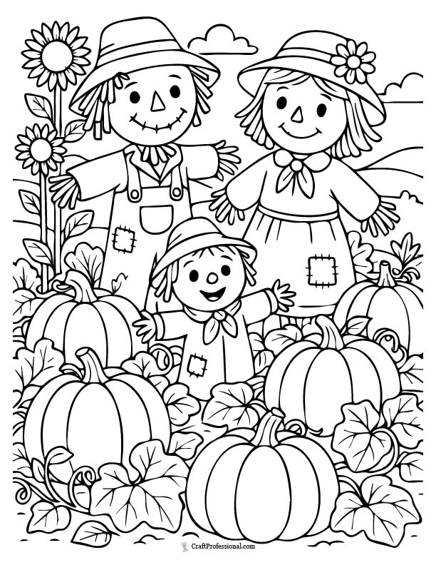 Charming family of scarecrows standing in a field of pumpkins with fall leaves and gentle patterns coloring sheet.