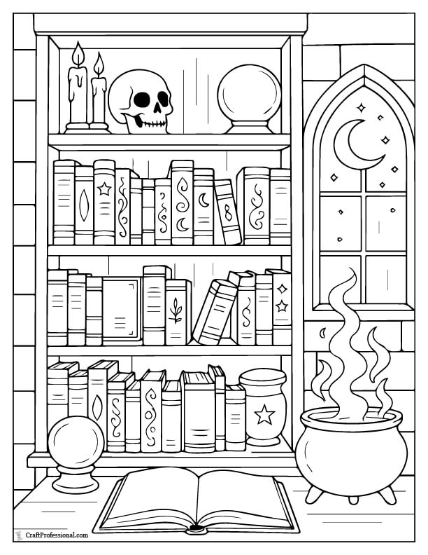 Coloring page of a magical library filled with ancient books, potions, and glowing orbs.
