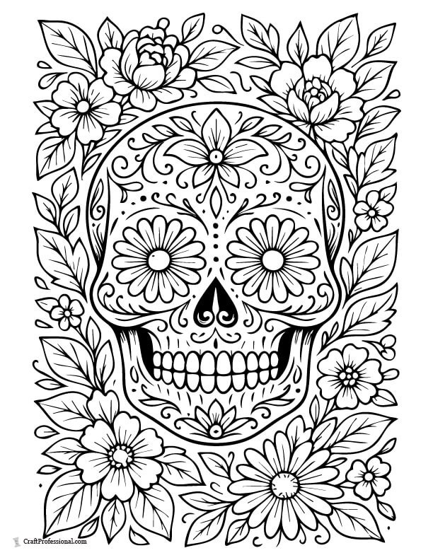 Intricate sugar skull design decorated with flowers, and symmetrical patterns coloring page.