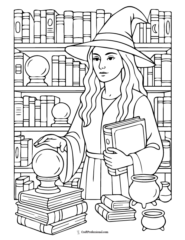 Witch in her library scene with shelves of mystical books and magical objects coloring page.