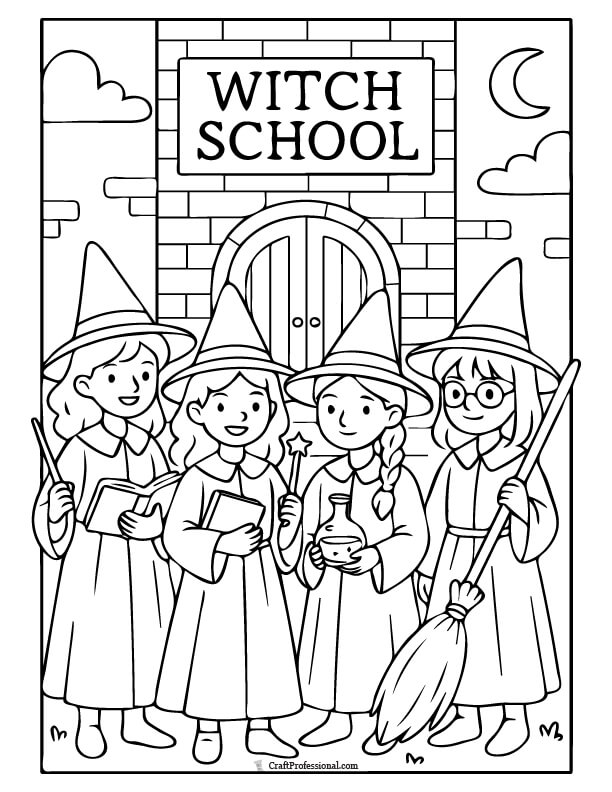 Whimsical scene of young witches standing in front to a witch's school, coloring page.