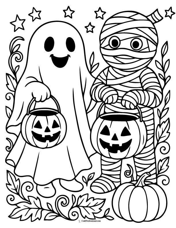 Ghost and mummy holding candy buckets coloring page