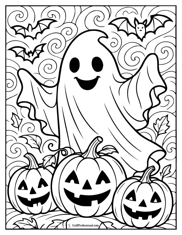 Detailed coloring page of halloween ghost surrounded by bats and pumpkins