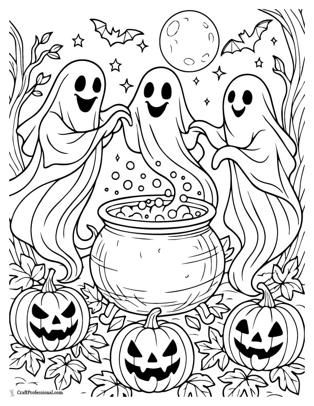 Ghosts dancing around a cauldron, Halloween coloring page