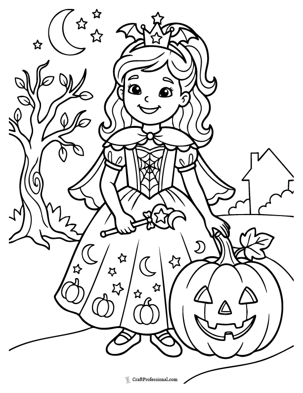 Halloween princess coloring page with a pumpkin