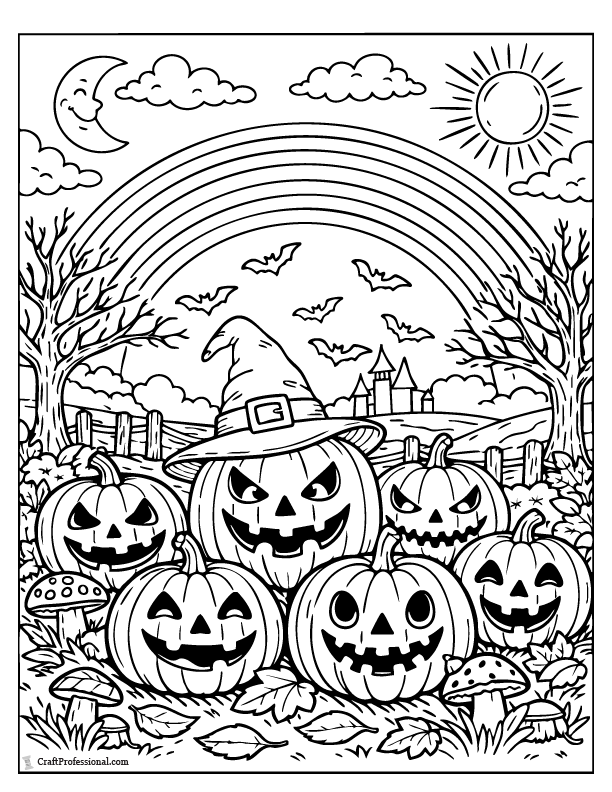 Halloween coloring page with glowing rainbow-colored pumpkins at night.