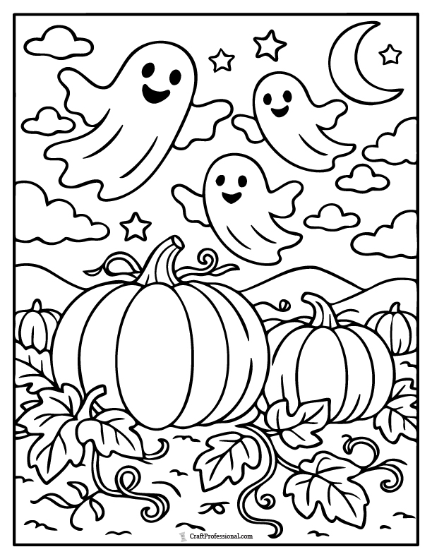 Smiling ghosts floating above pumpkins in a twilight field, coloring page.