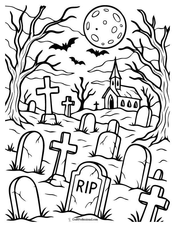 Graveyard scene with leaning tombstones, bare trees, and a full moon in the sky, Halloween coloring page.