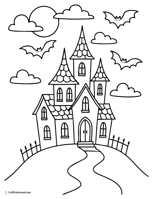 Coloring page of a simple, spooky haunted house perched on a hill, with bats flying across a full moon coloring page.