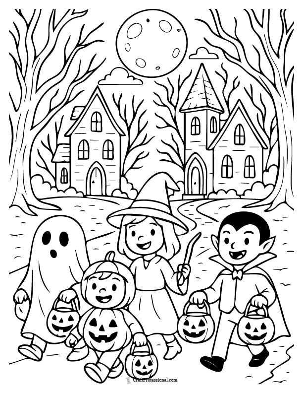 trick-or-treaters in costume walking past eerie houses on a Halloween night coloring page.