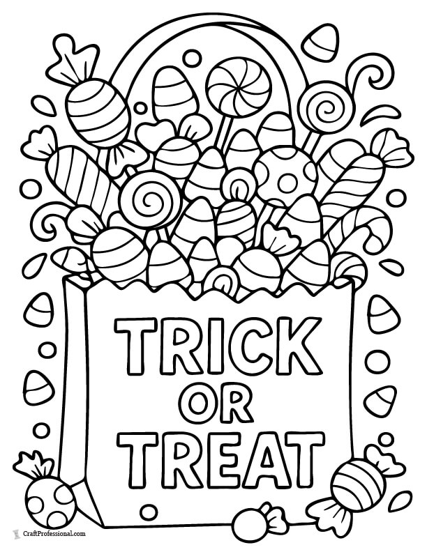 Coloring page of a Halloween trick-or-treat bag spilling over with candy, including lollipops and wrapped treats.