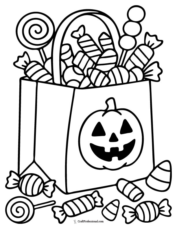 Assortment of Halloween candies, including lollipops, gumdrops, and chocolate bars in a trick-or-treat bag coloring page.