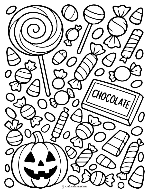 Collage of Halloween candies, including lollipops, gumdrops, and chocolate bars to color.