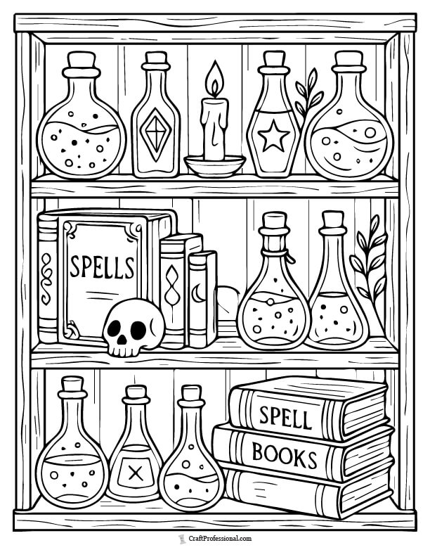 Witch's shelf filled with potion bottles, jars, and stacked spell books with mysterious symbols coloring page.
