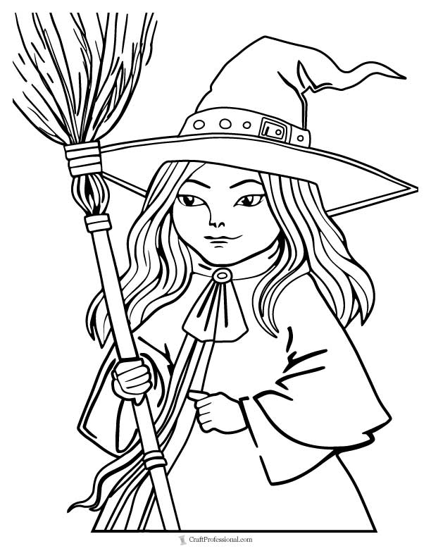 Witch holding a broomstick coloring page