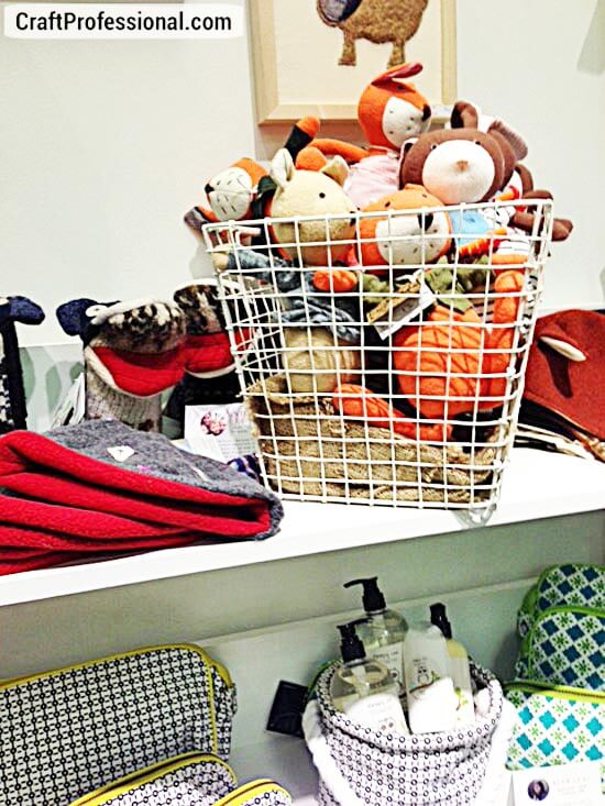 Handmade stuffed animals in a basket