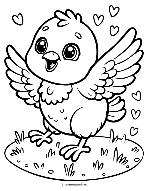 Happy flying baby chick surrounded by hearts coloring sheet