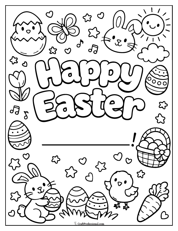 Happy Easter coloring page with bubble letters, a blank name line, and Easter-themed icons.
