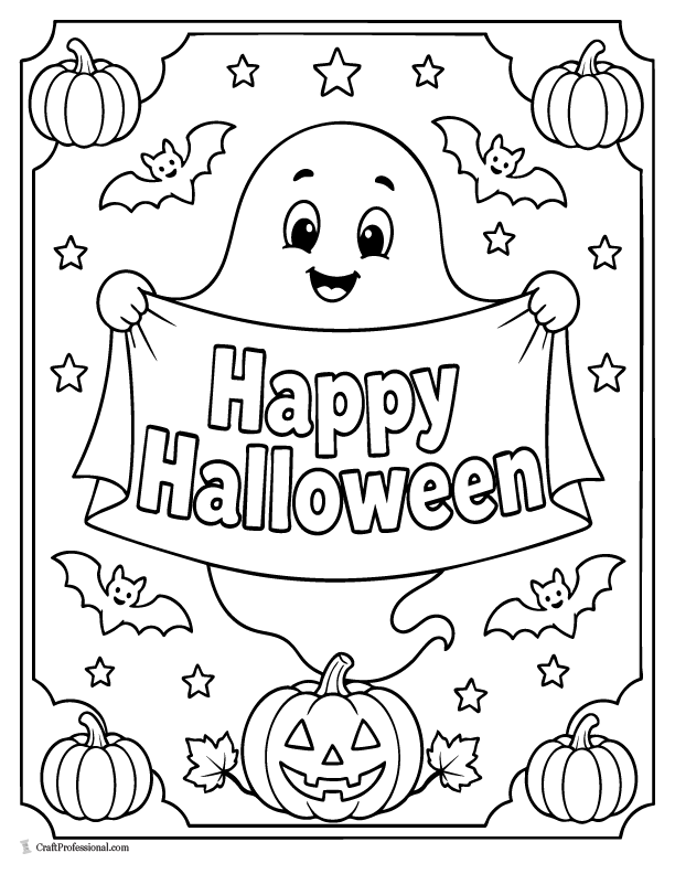 Friendly ghost holding a Happy Halloween sign with pumpkins, stars, and bats to color.