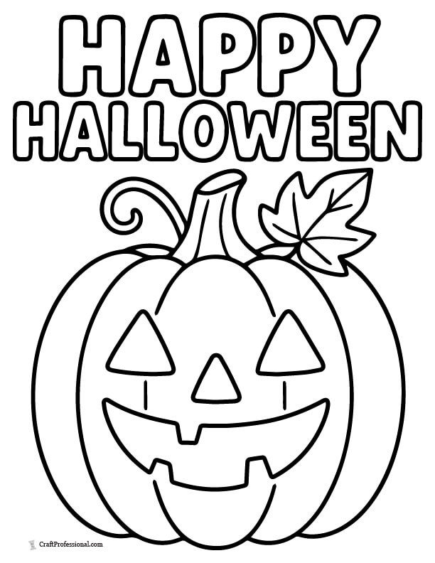 Smiling jack o'lantern with text Happy Halloween, coloring page