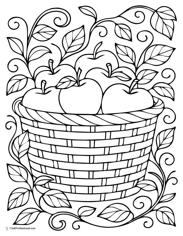 Harvest basket filled with apples and surrounded by vines, coloring sheet