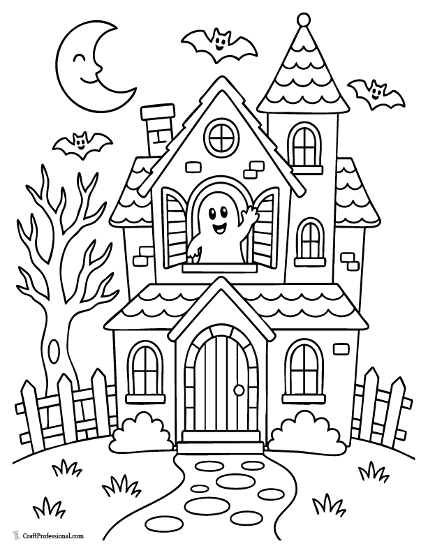 Ghost waving from a haunted house window coloring page with moon, bats, fence, and tree for older kids.