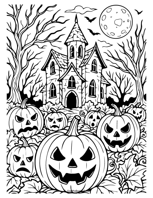 Jack o'lanterns on the lawn in front of a haunted house, detailed , detailed coloring page