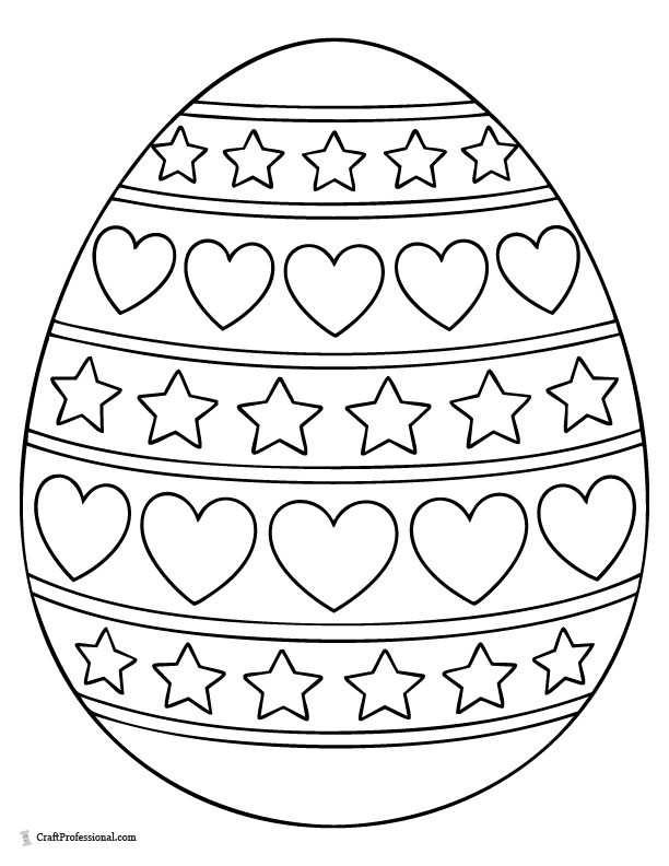 Easter egg coloring page with rows of big hearts and stars.