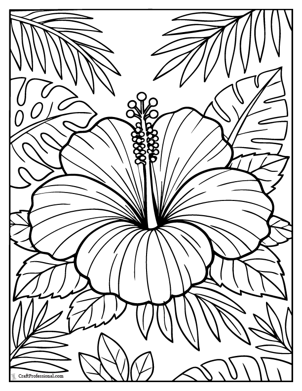 Hibiscus flower coloring page with tropical leaves and visible stamen.