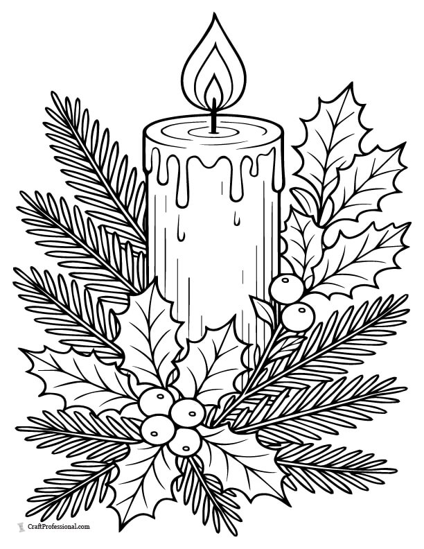Candle with evergreen branches coloring page