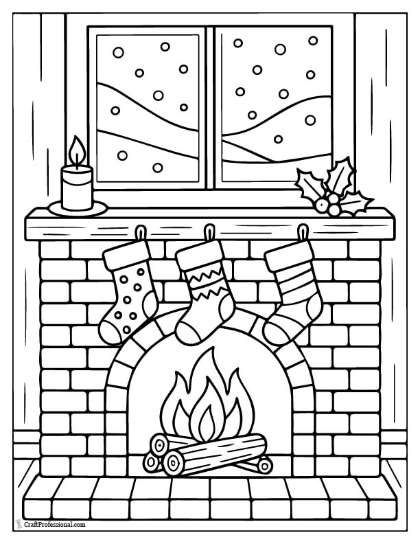 Fireplace with stockings and snow outside coloring page