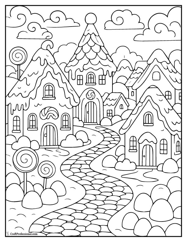 Candyland-style village with icing and gumdrops to color