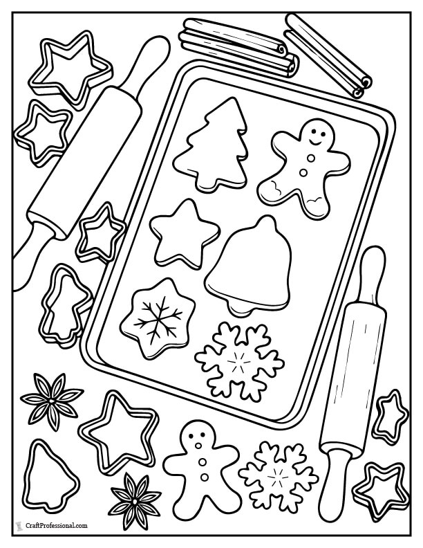 An overhead scene of a kitchen counter filled with Christmas cookie cutters, a rolling pin, and shaped dough on a tray coloring page.