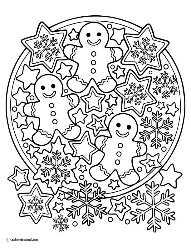 Cookie platter with gingerbread men, stars, and snowflakes coloring page
