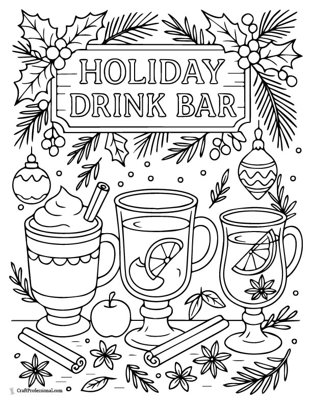 Holiday drink bar with eggnog, cider, and mulled wine coloring sheet