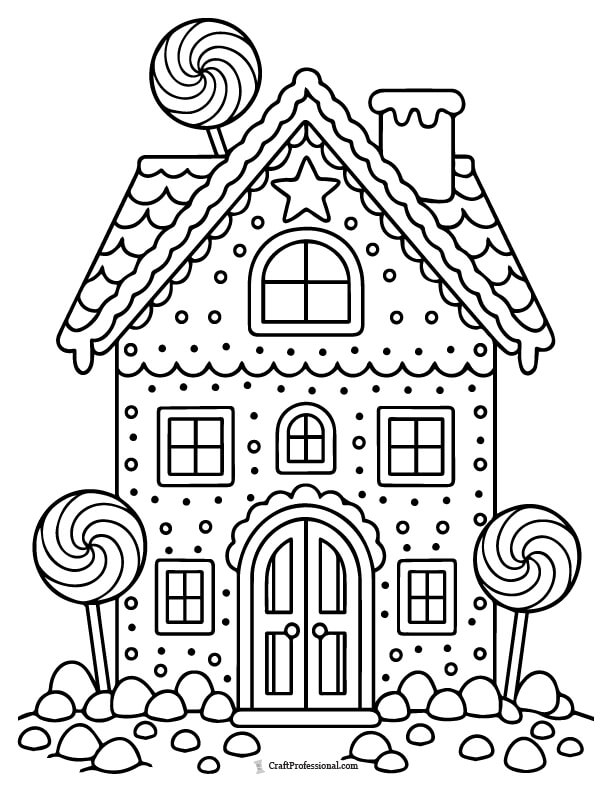 Gingerbread house with full architectural details coloring page.