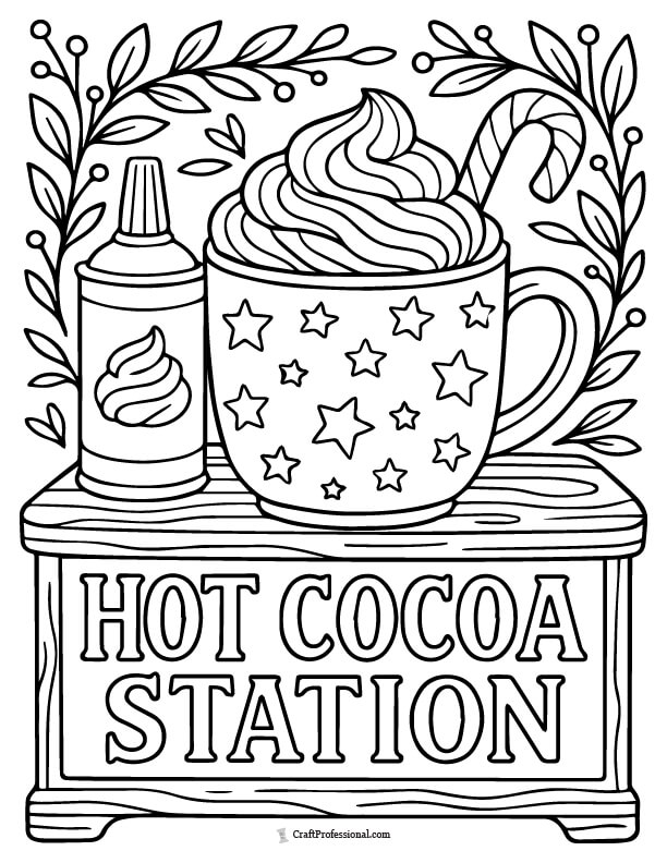 Hot cocoa station with whipped cream and a candy cane stirrer, detailed coloring page.