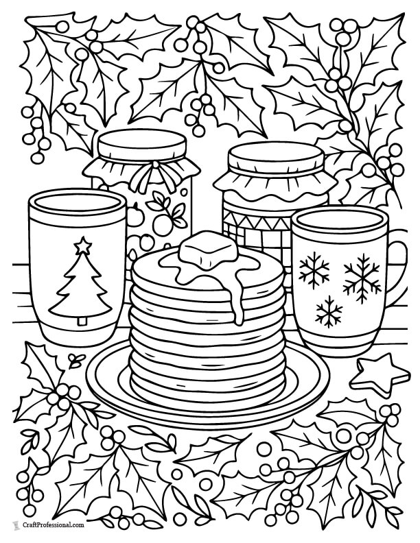 Holiday brunch scene with pancakes, mugs, and jam jars coloring page for adults