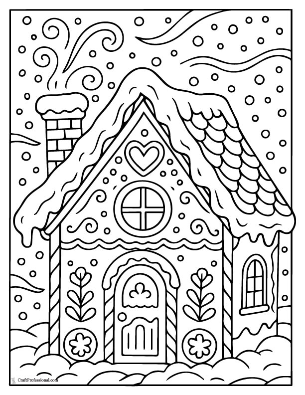 Gingerbread house in a snowstorm coloring page